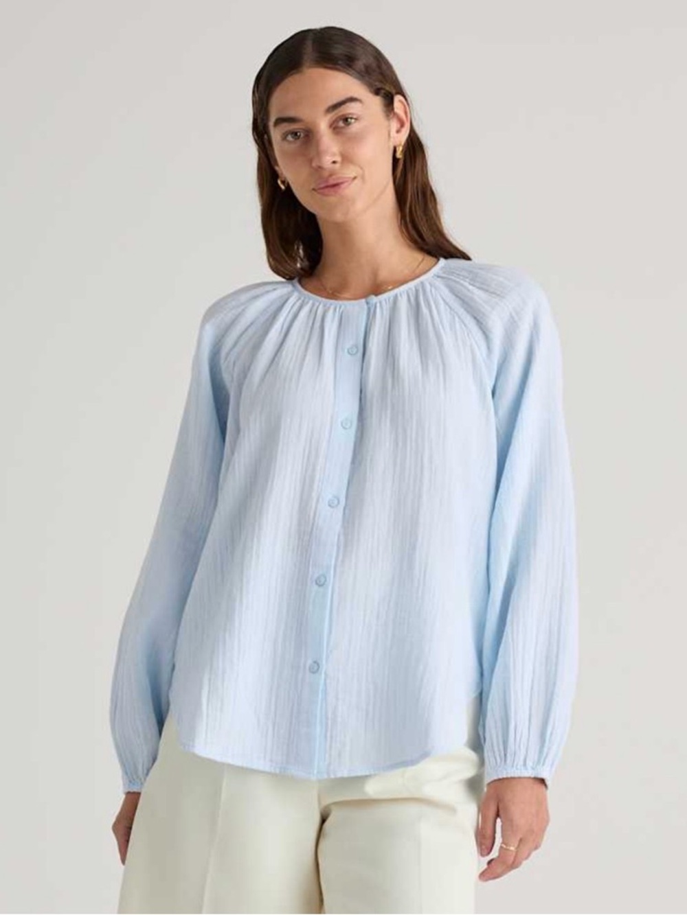 Quince Light Blue Button-Front Peasant Blouse 100% Cotton Small
